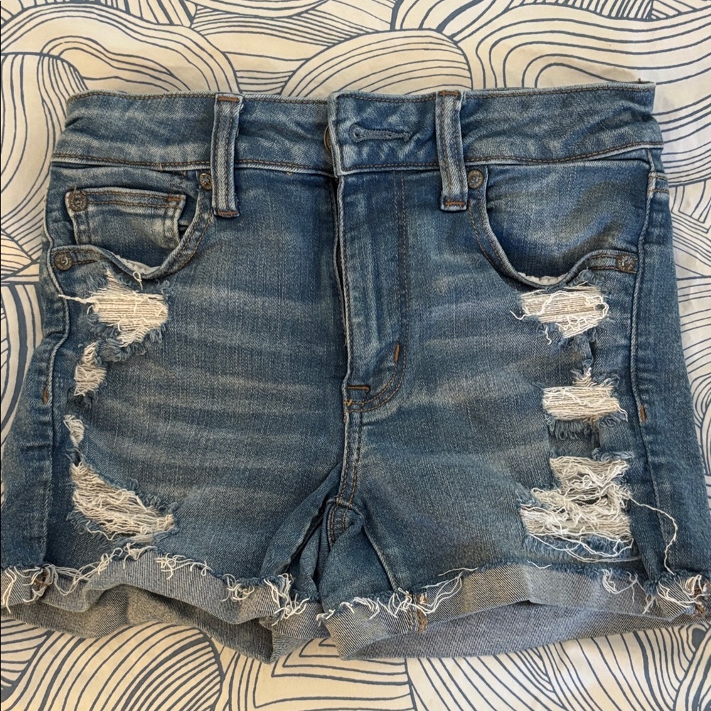 American Eagle Next Level Stretch Blue Distressed Jean Shorts in Size 2